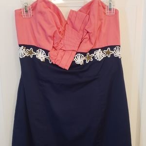 EUC Lilly Pulitzer Navy & Pink Karissa strapless dress with seashell detail